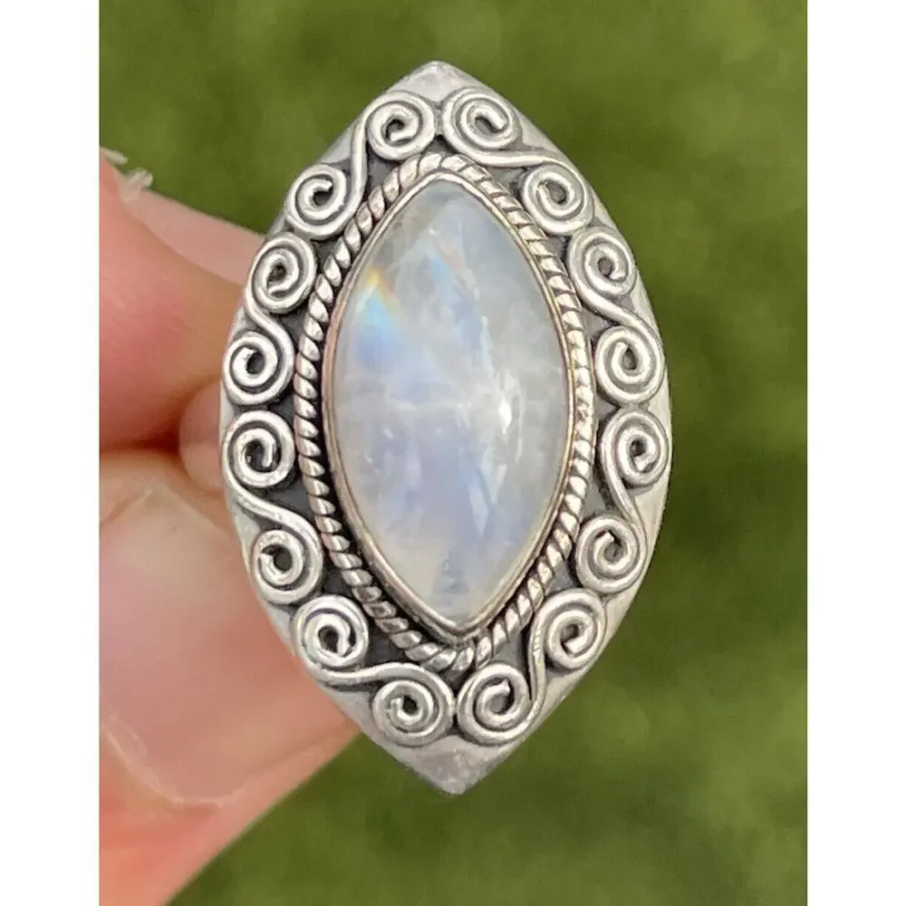 Vintage Sterling Silver Ring 925 Size 6.5 Moonstone Bali Style Ornate